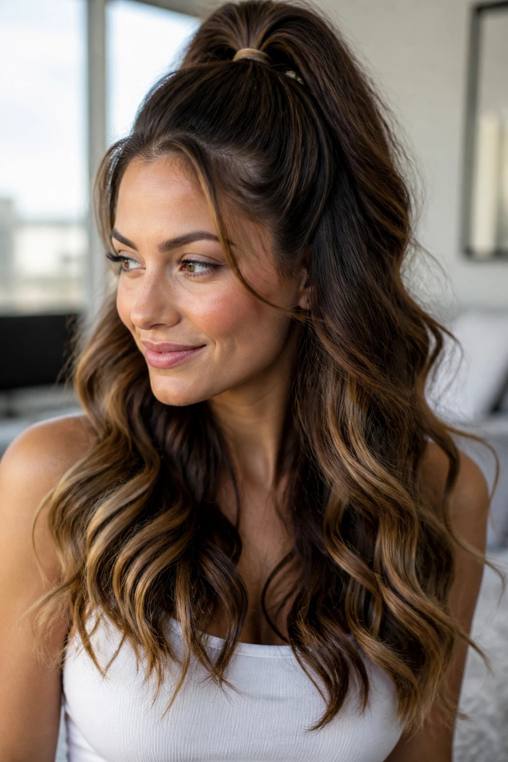 Woman with a high half pony and large waves