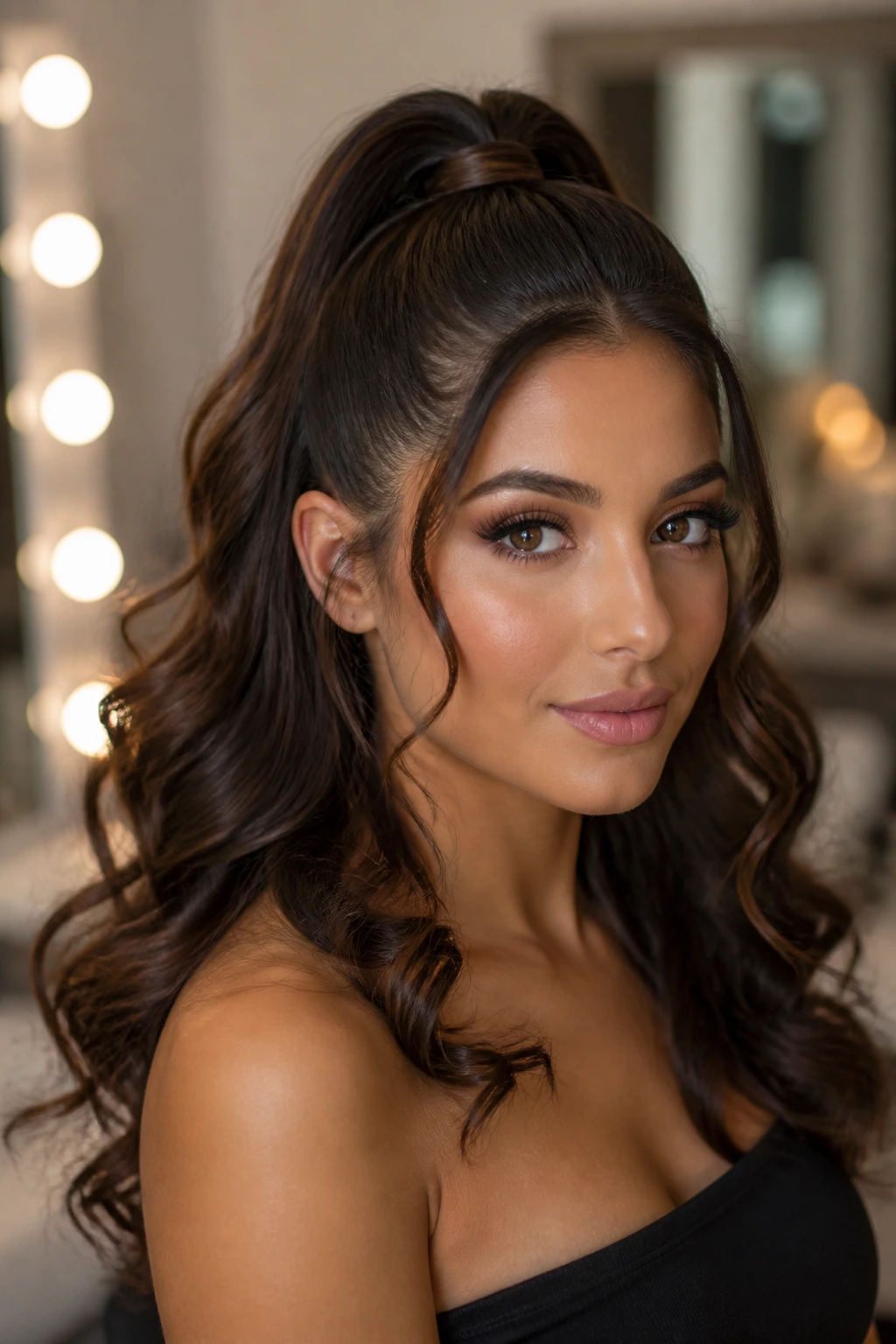 Close-up of a real woman with a high half-ponytail and curled ends in a chic dressing room