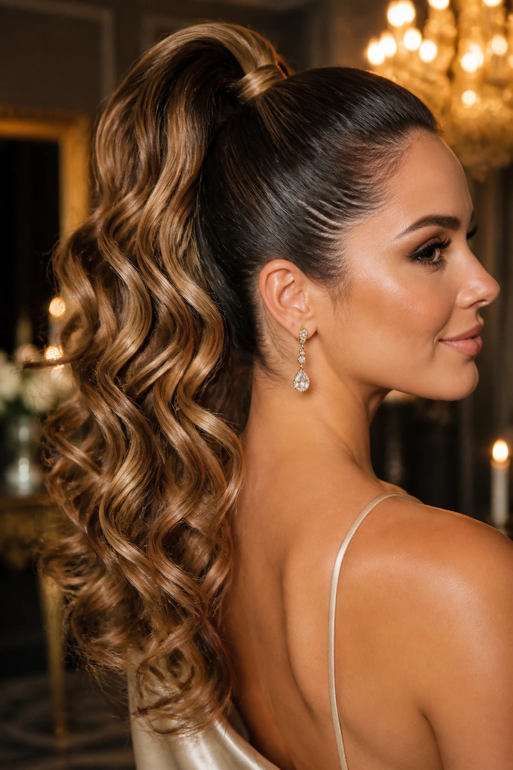 Real person with high Hollywood curl ponytail