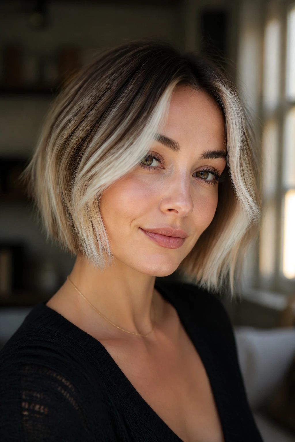 Close-up of a real woman with a high-impact face frame on a short blonde bob.