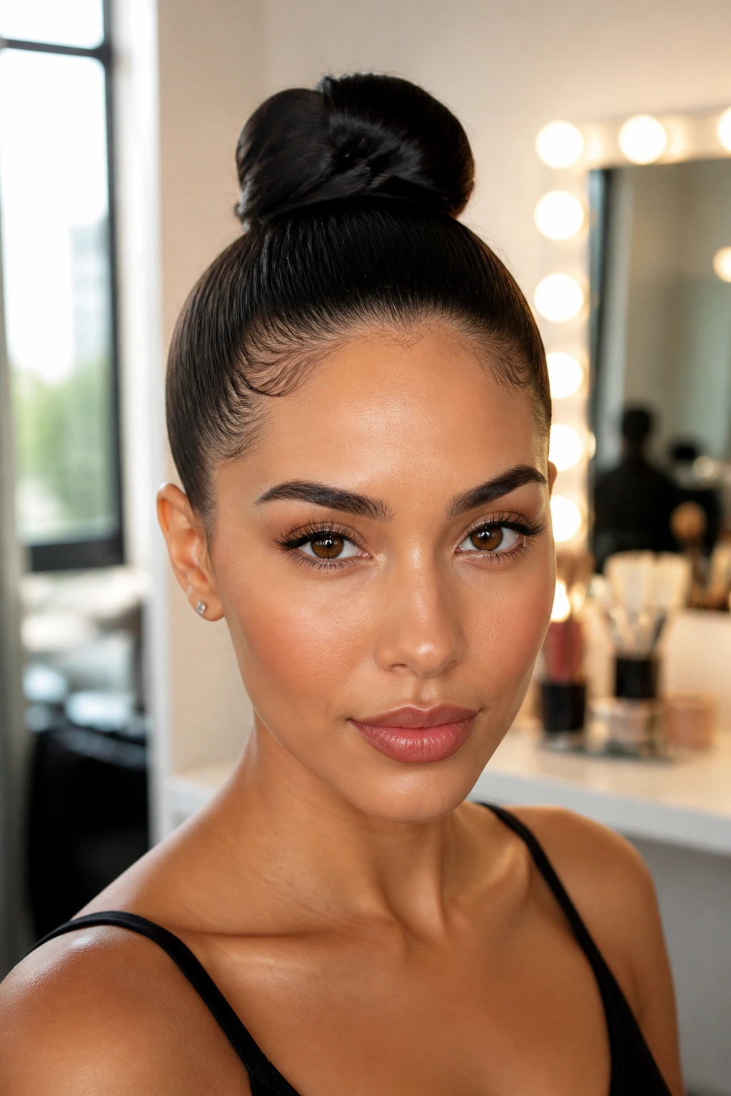 Real woman with high knot bun and crisp hairline edges.