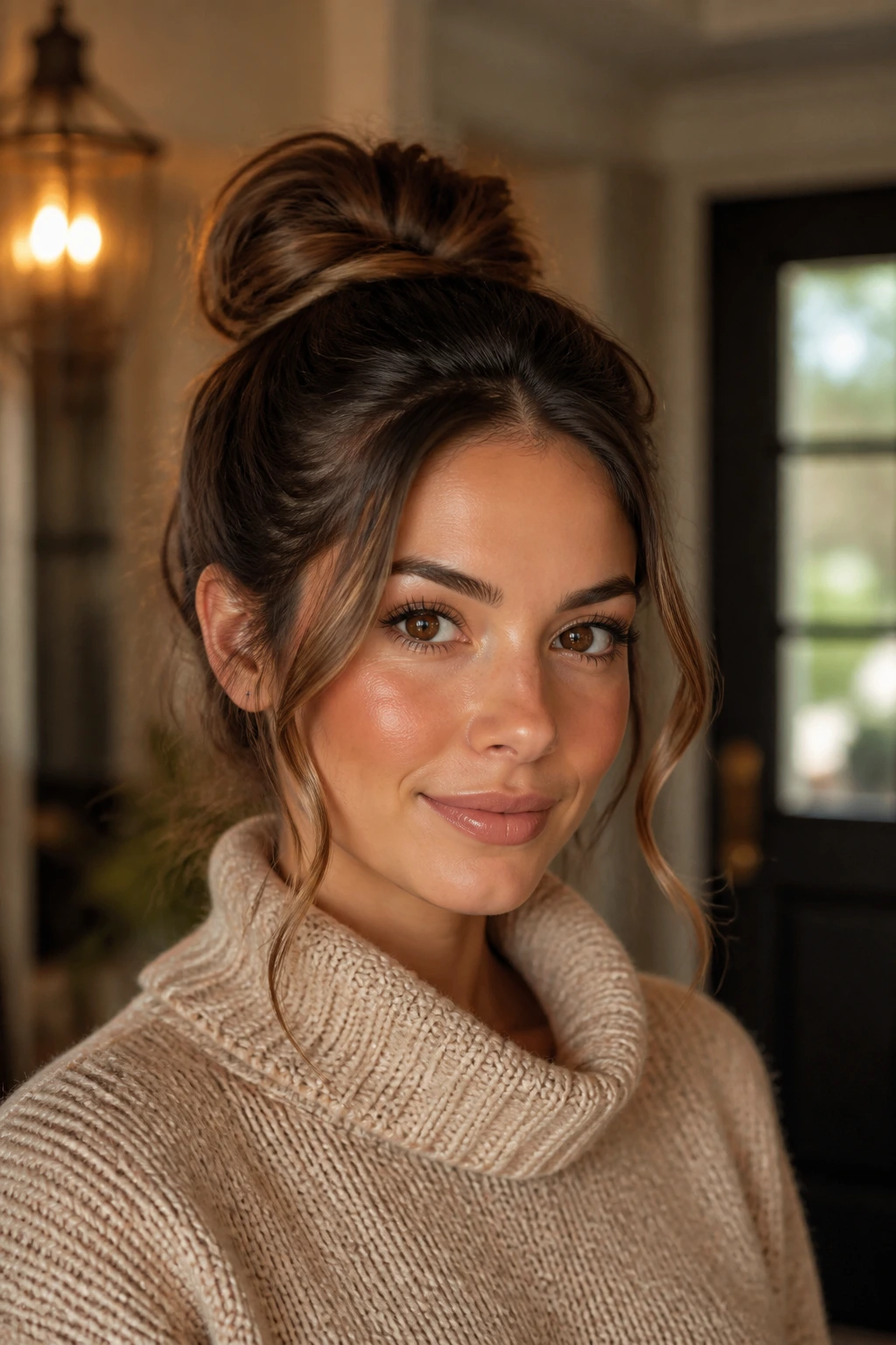 Real-person portrait showing a high knot with face-framing tendrils around the temples.
