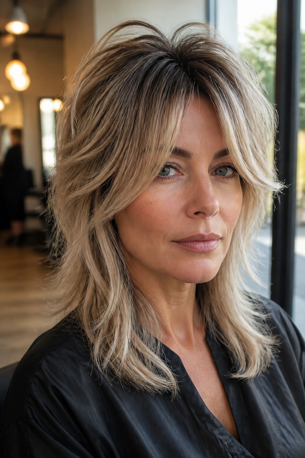Close-up of a real woman with high lift crown shag and long curtain bangs in a salon
