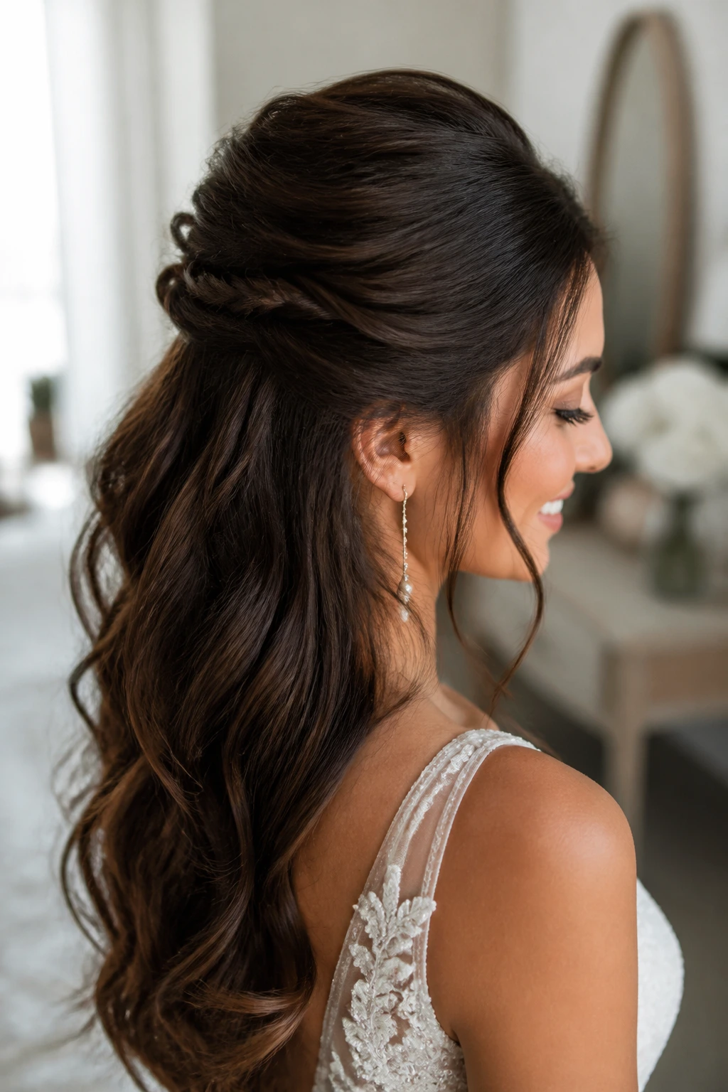 Close-up of a real bride showing a high-lift half-up hairstyle with a strong crown and hidden anchors.