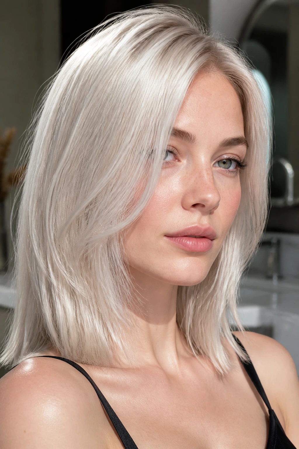 Close-up portrait with high-lift platinum gloss hair and glossy shine
