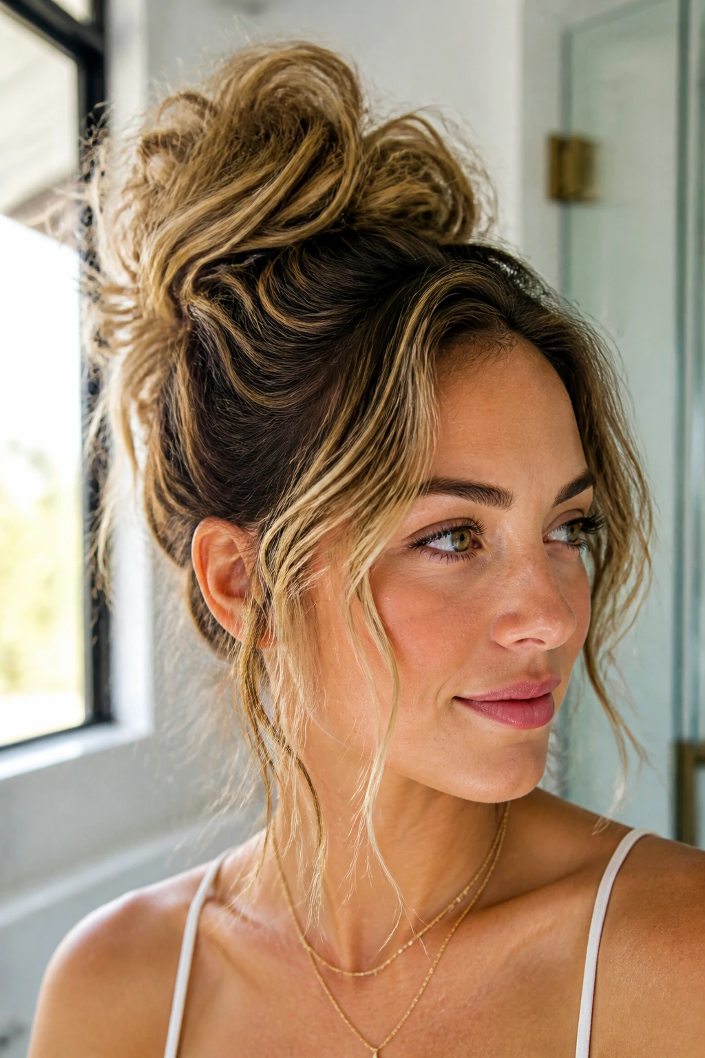 Portrait of a real woman with a high messy bun and tendrils