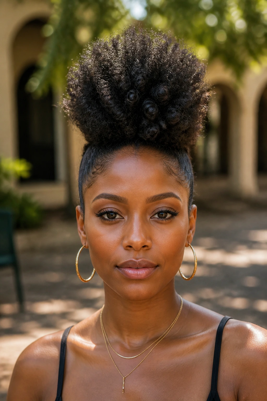 Close-up portrait of a real Black woman with high pineapple mohawk in outdoor courtyard