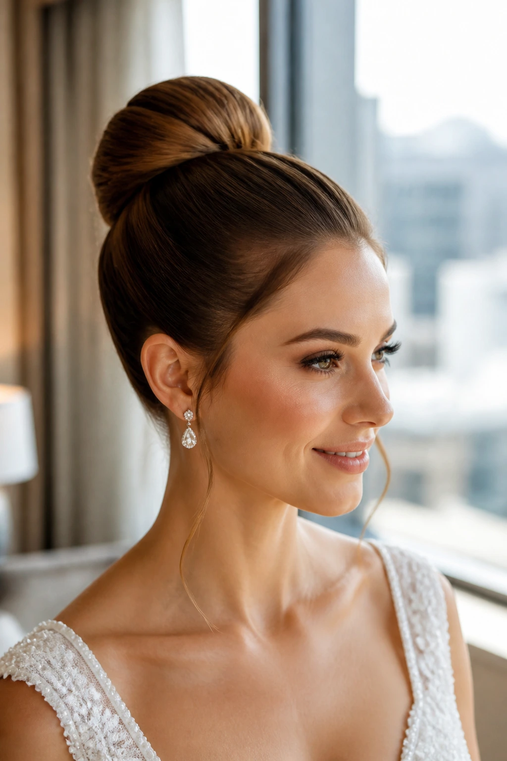 Real bride with a high polished bun and visible earrings in soft window light