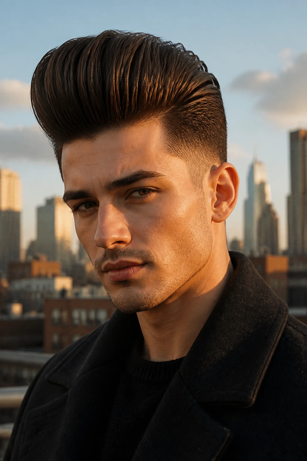 Portrait of a man with a high pompadour on a rooftop at golden hour