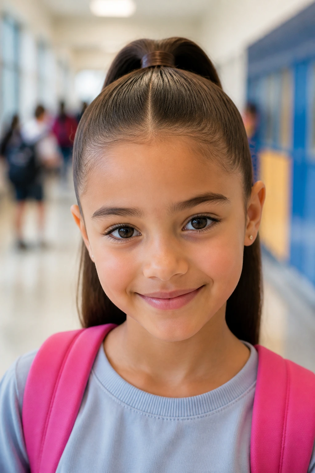 Real child with center-part high pony in sunlit school hallway