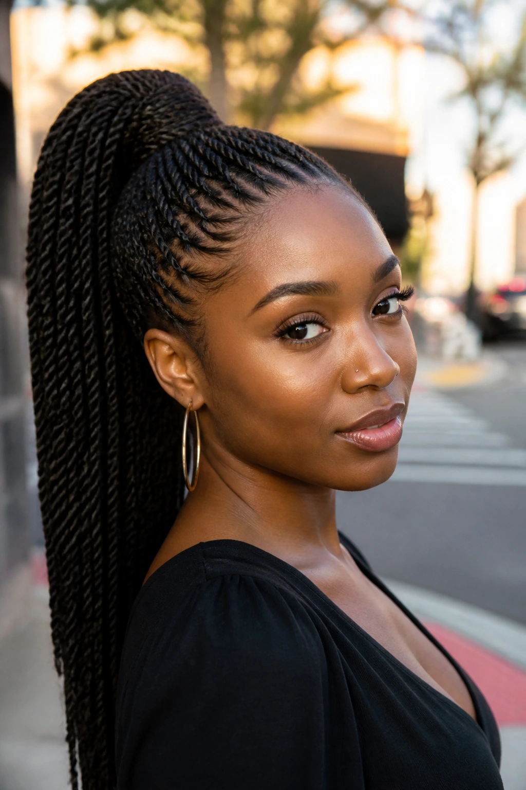 Close-up of a real woman with High Ponytail Havana Twists, neck exposed and wrapped base