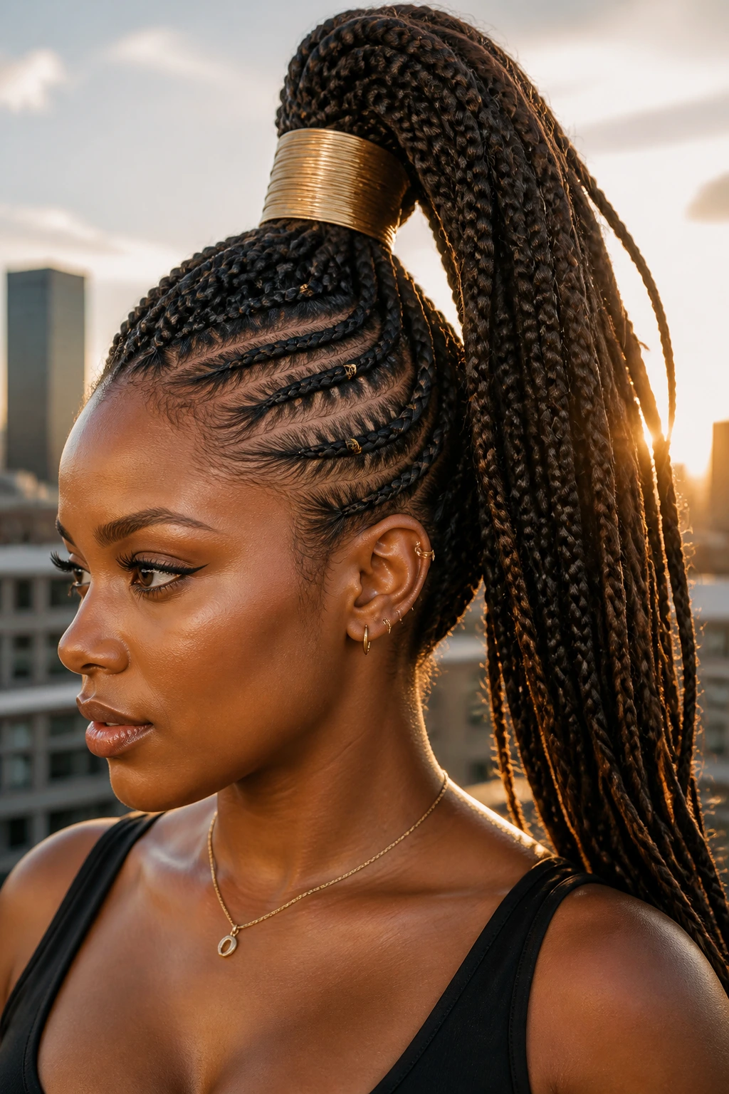 Close-up of a real person with high pony mohawk braid.