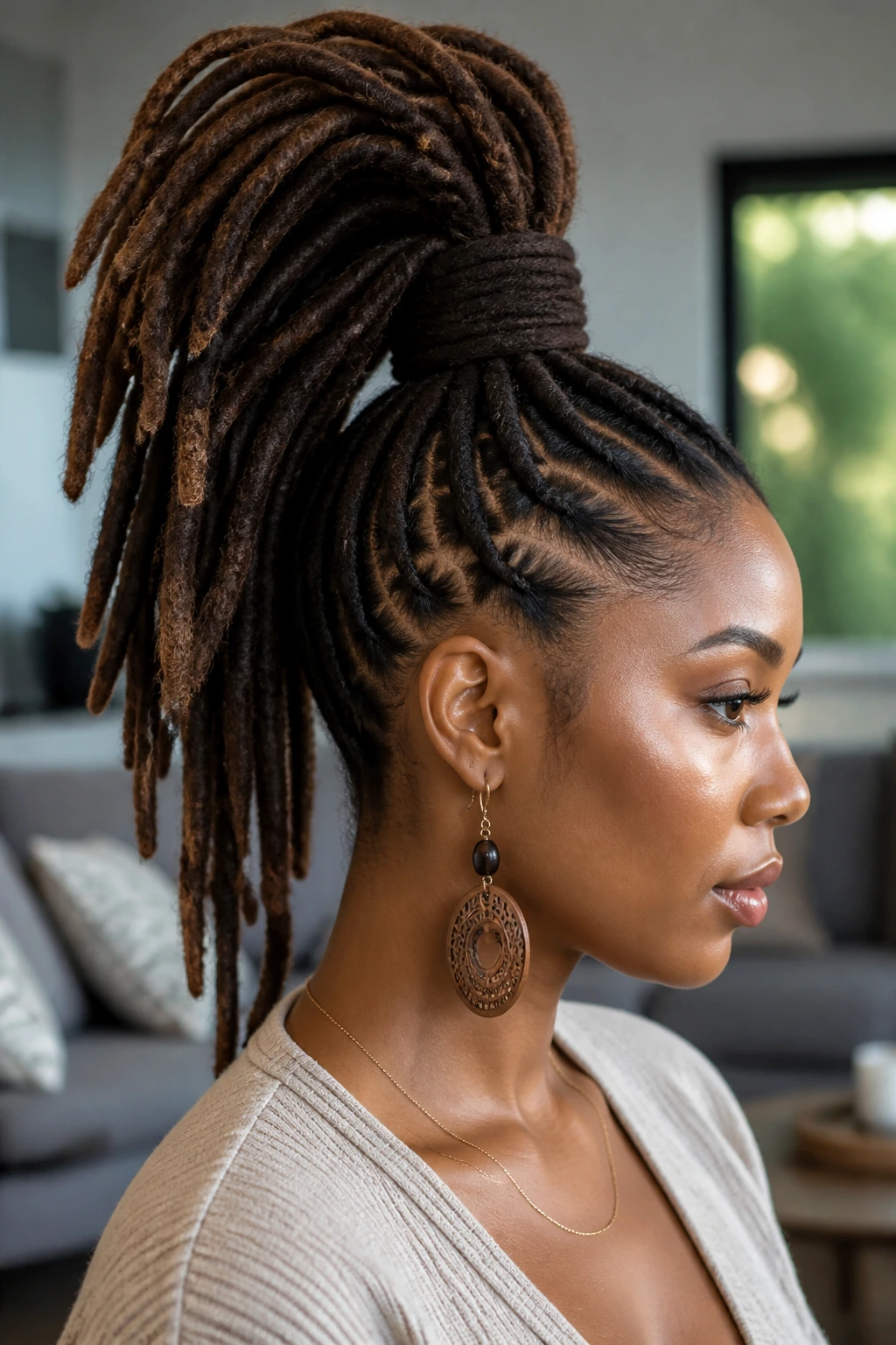 Close-up of high pony mohawk with wrapped base on real person