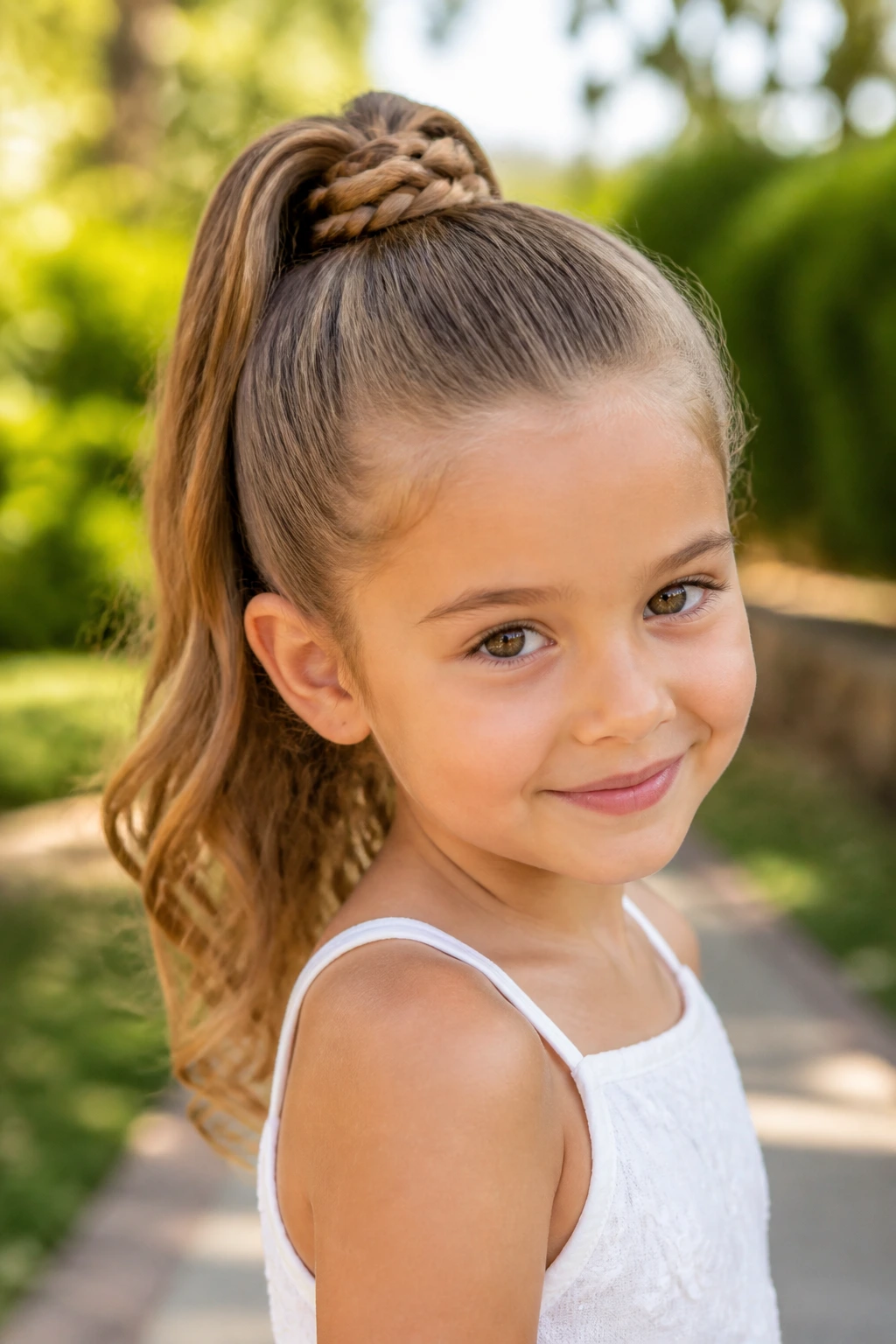Close-up of a real girl's head showing a high ponytail with a wrapped braid at the base.