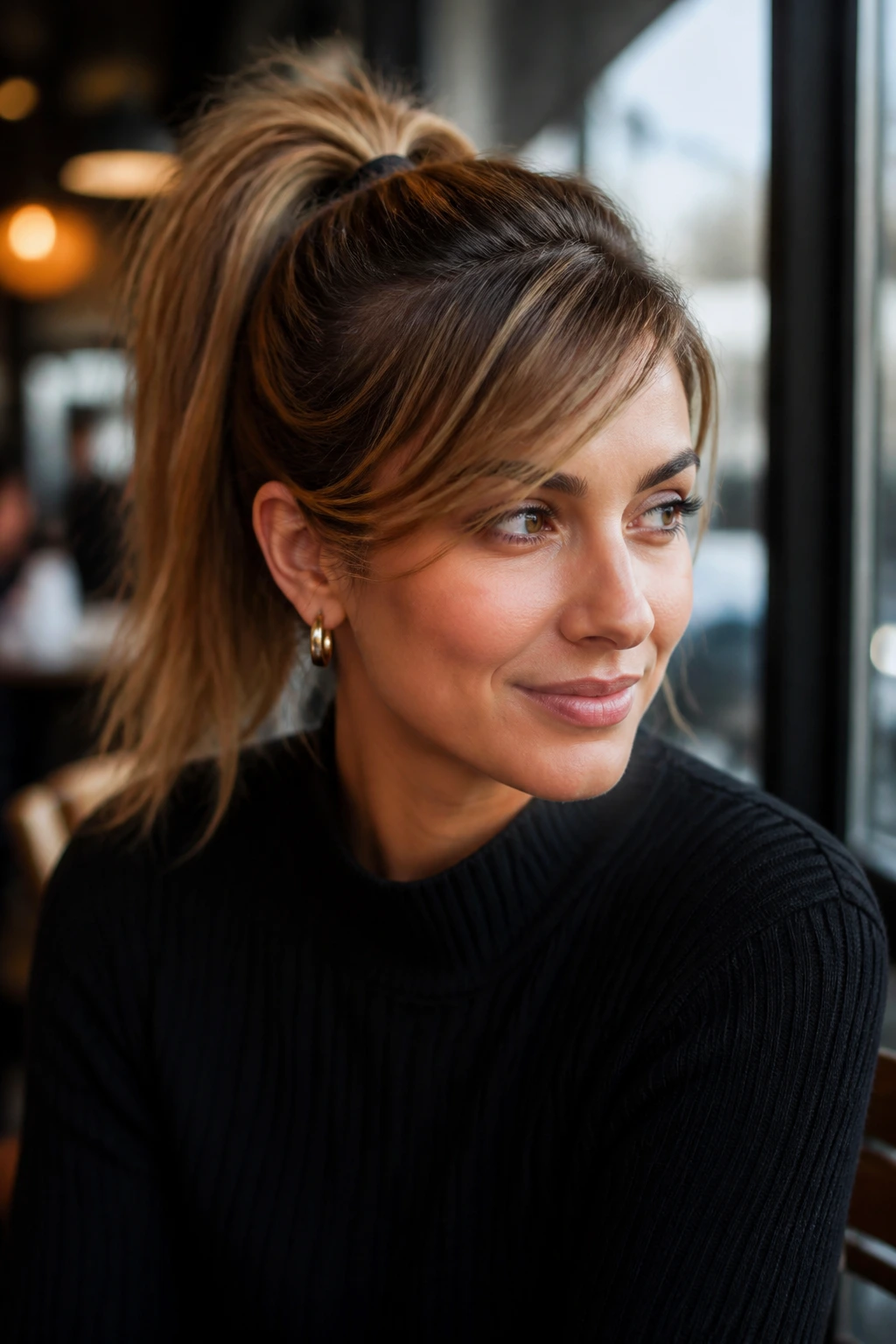 Portrait of woman with high ponytail and side-swept bangs in a cafe setting