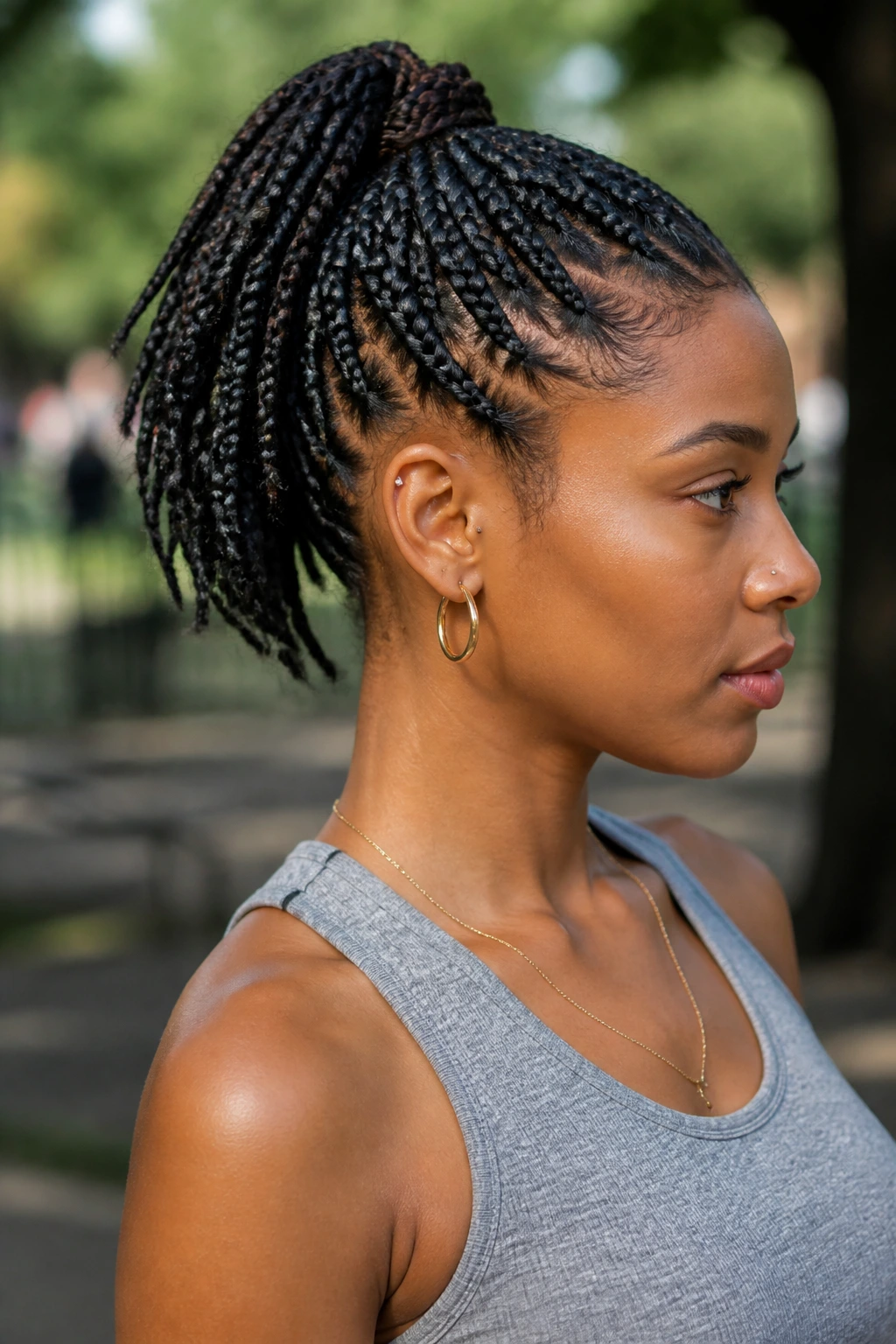 Side-profile of a real woman with a compact high ponytail of short box braids