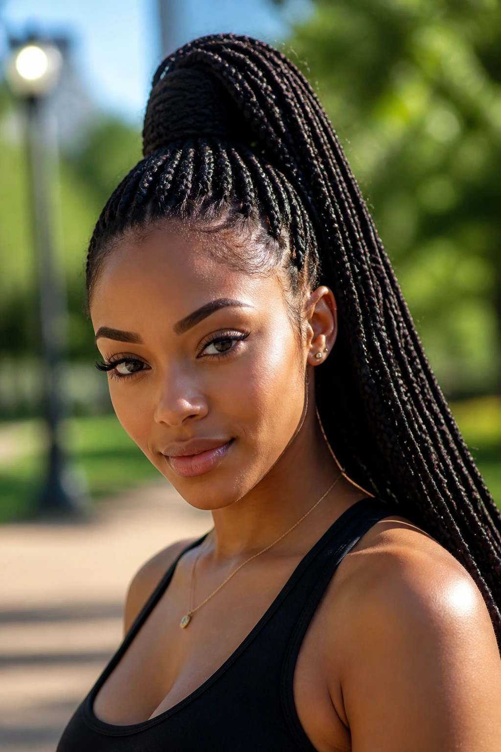 Real woman with a high ponytail of box braids outdoors in a park.