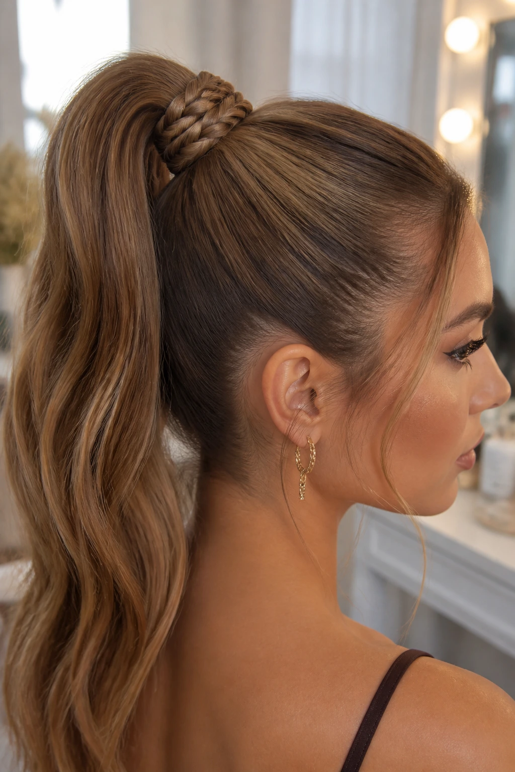 High wrapped braided ponytail with braid around elastic
