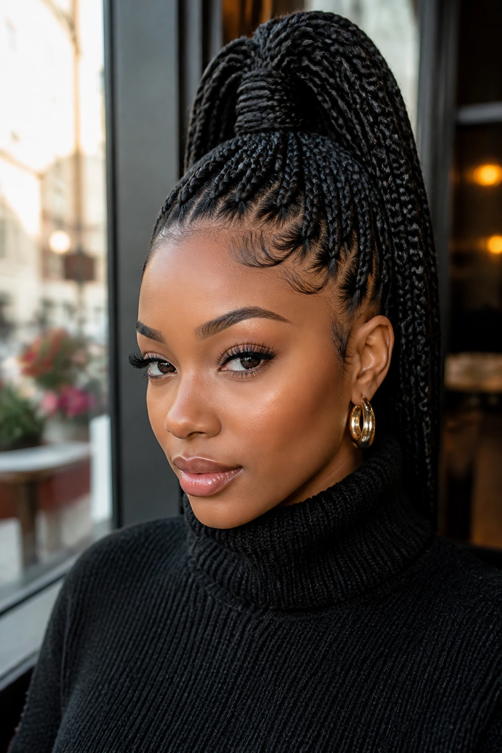 Close-up of a real Black woman with high ponytail box braids