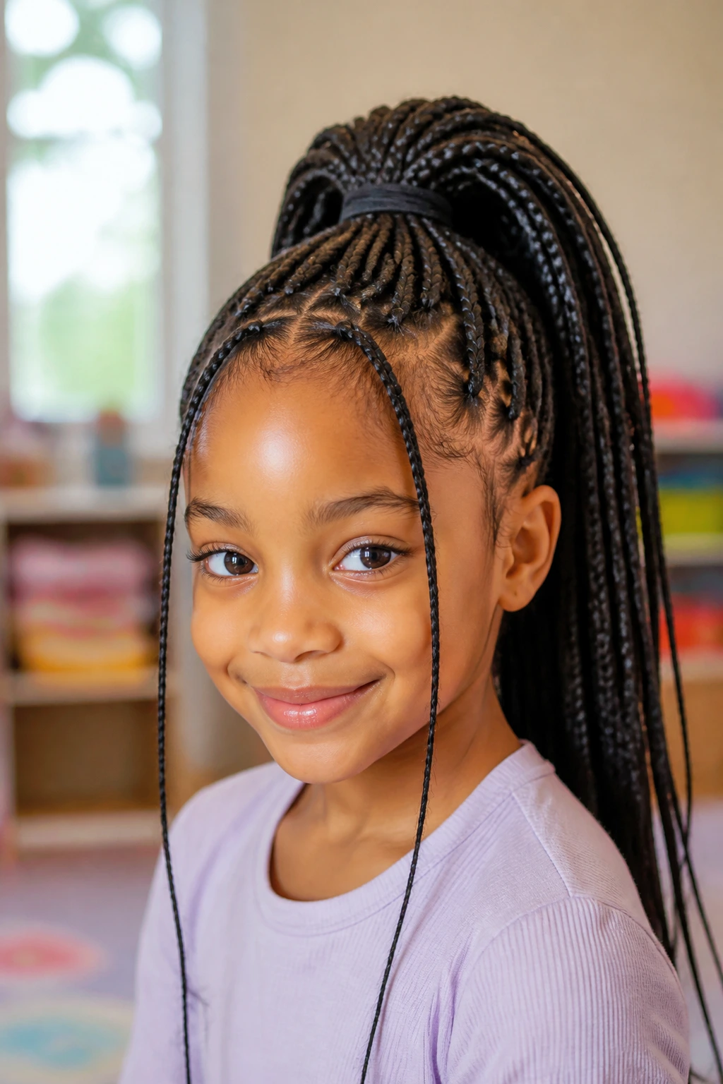 Close-up of a real child with a high ponytail box braids in a bright playroom