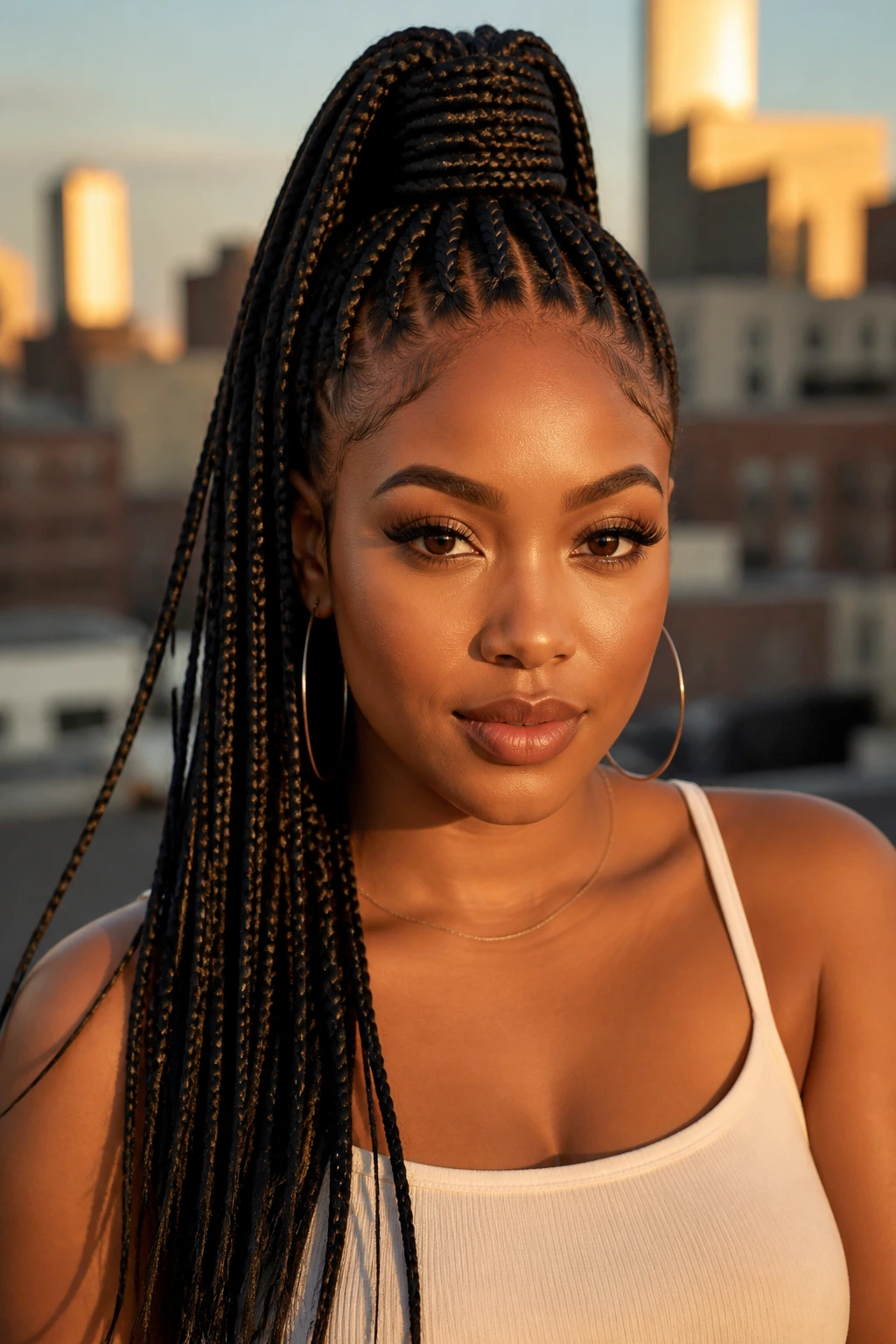 Portrait of a person with a high ponytail box braids in golden hour light