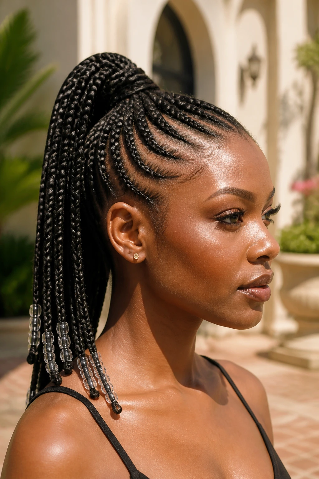 Close-up of high ponytail tribal braids with beads