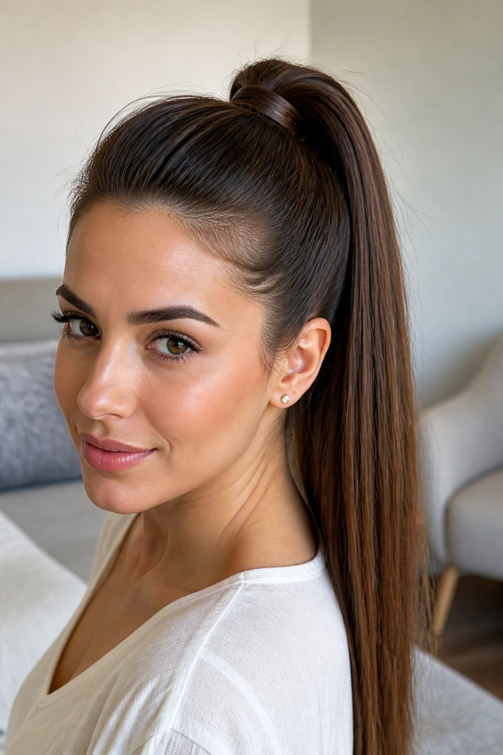 Close-up of a real woman with a high crown-lift ponytail in warm natural light