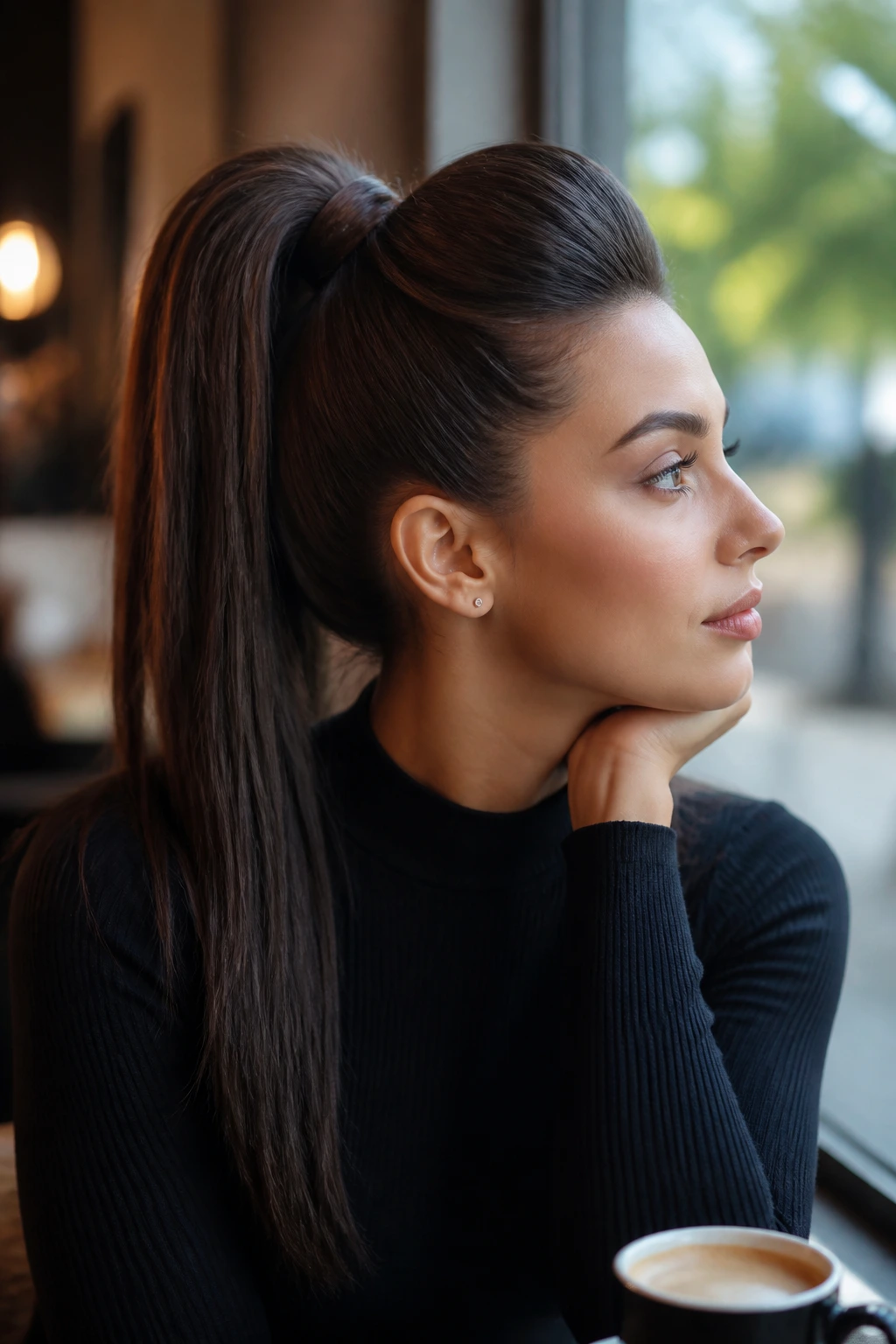 Portrait of a real woman with a high ponytail and crown lift