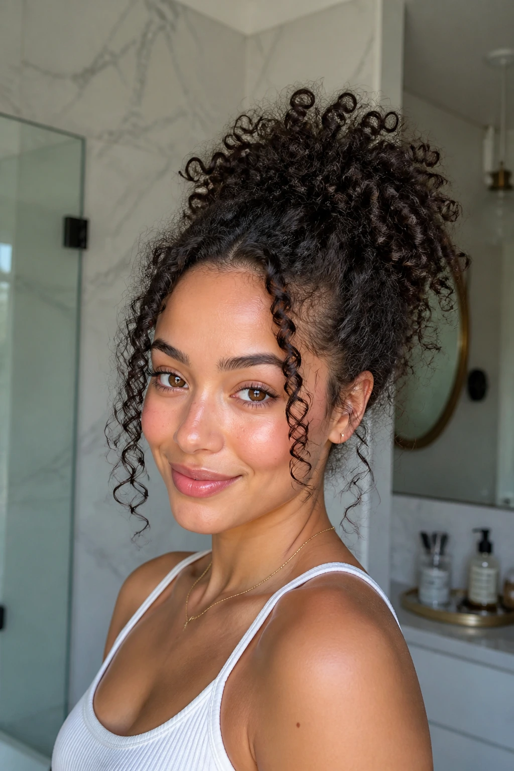 Real woman with high curly ponytail and crown lift