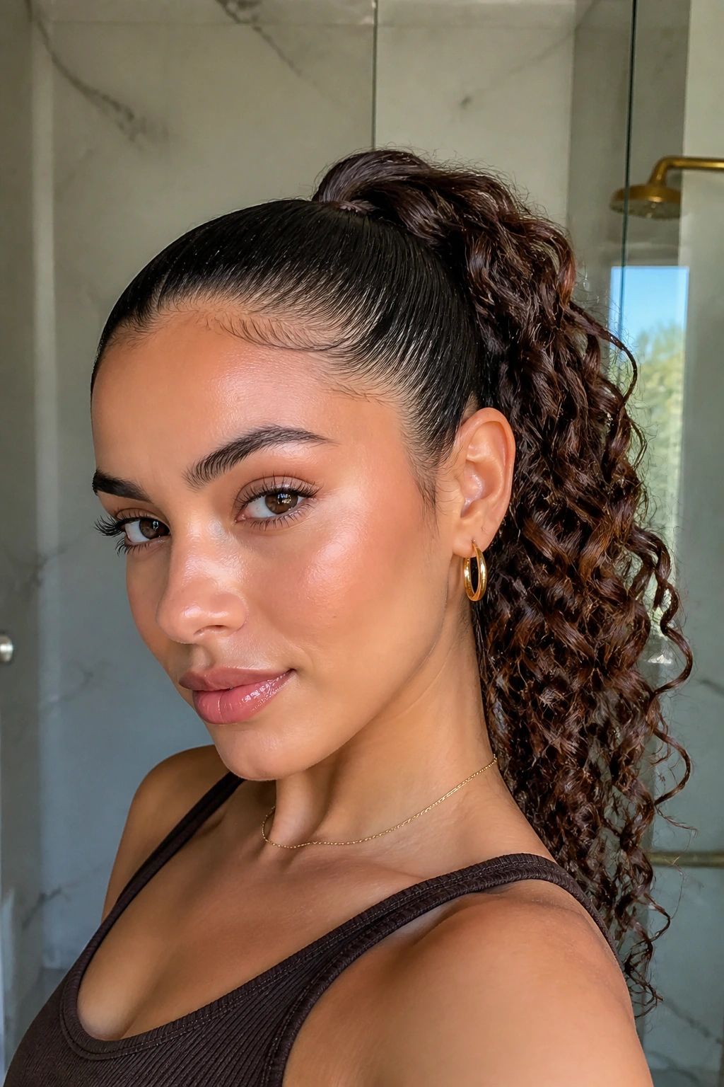 Portrait of a woman with a sleek curly high ponytail