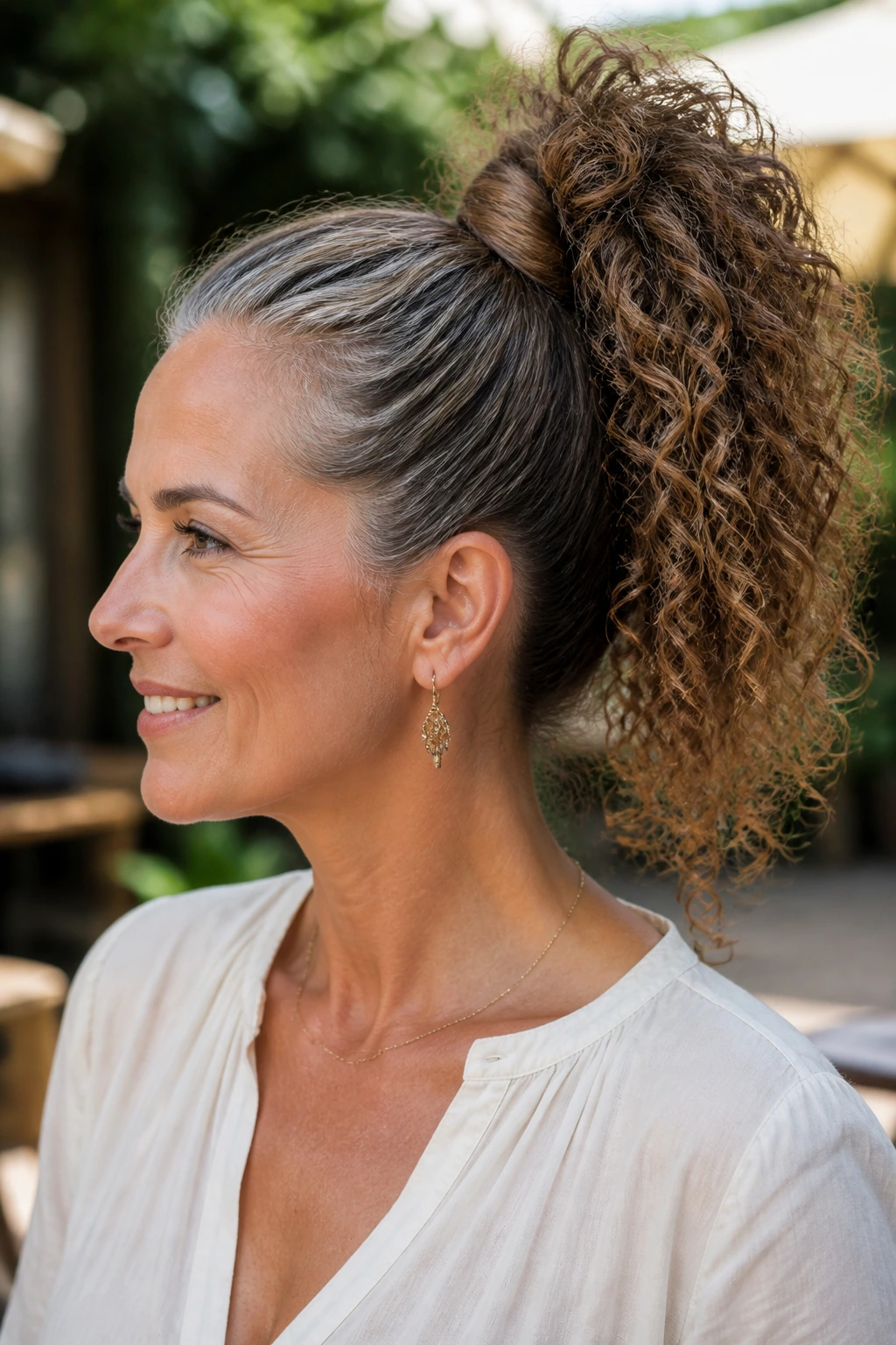Real woman with a high curly ponytail featuring wrapped base in natural light.