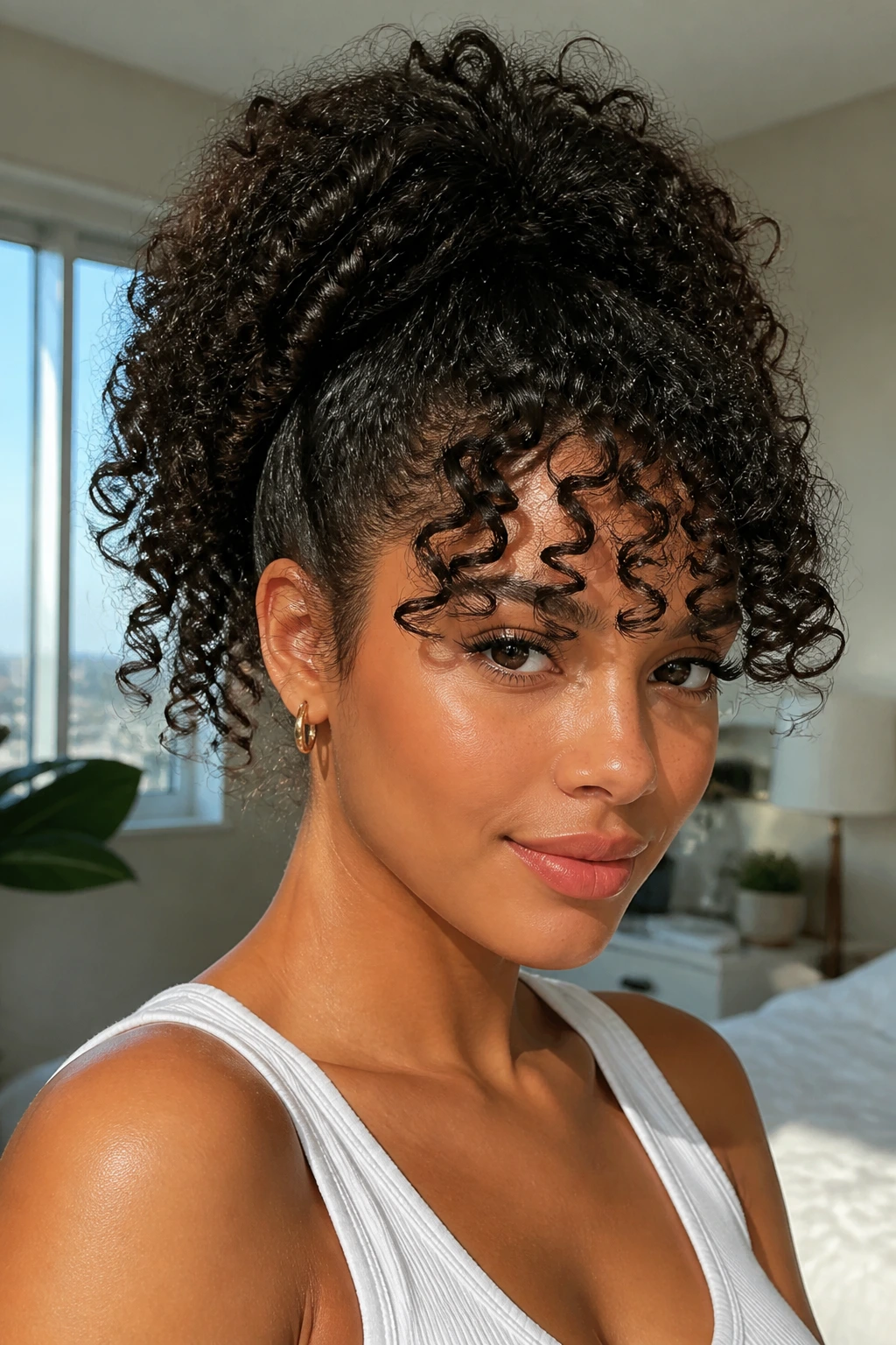 Portrait of a woman with a high ponytail and curly bangs in natural window light.