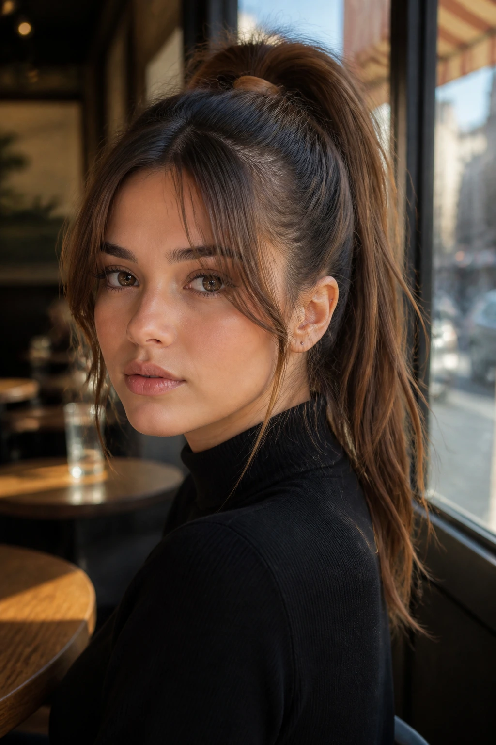 Real person with a high ponytail and curtain bangs