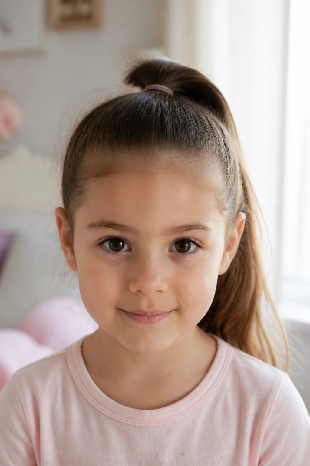 Front portrait of girl with high ponytail secured at crown