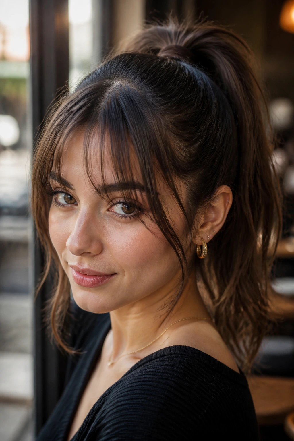 Close-up of a real person with a high ponytail and face-framing bangs in daylight