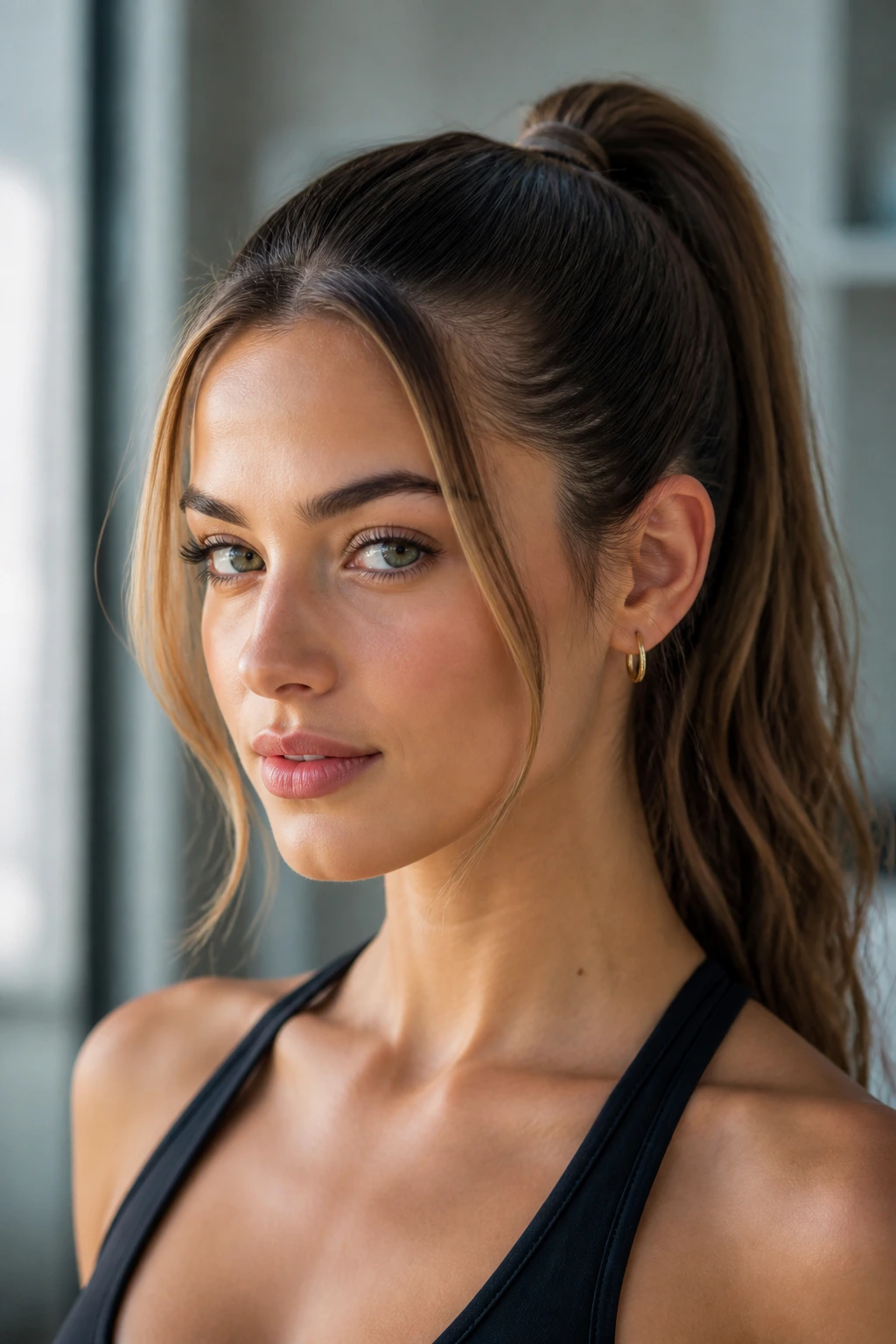 Portrait of a woman with a sleek high ponytail and face-framing pieces in natural light