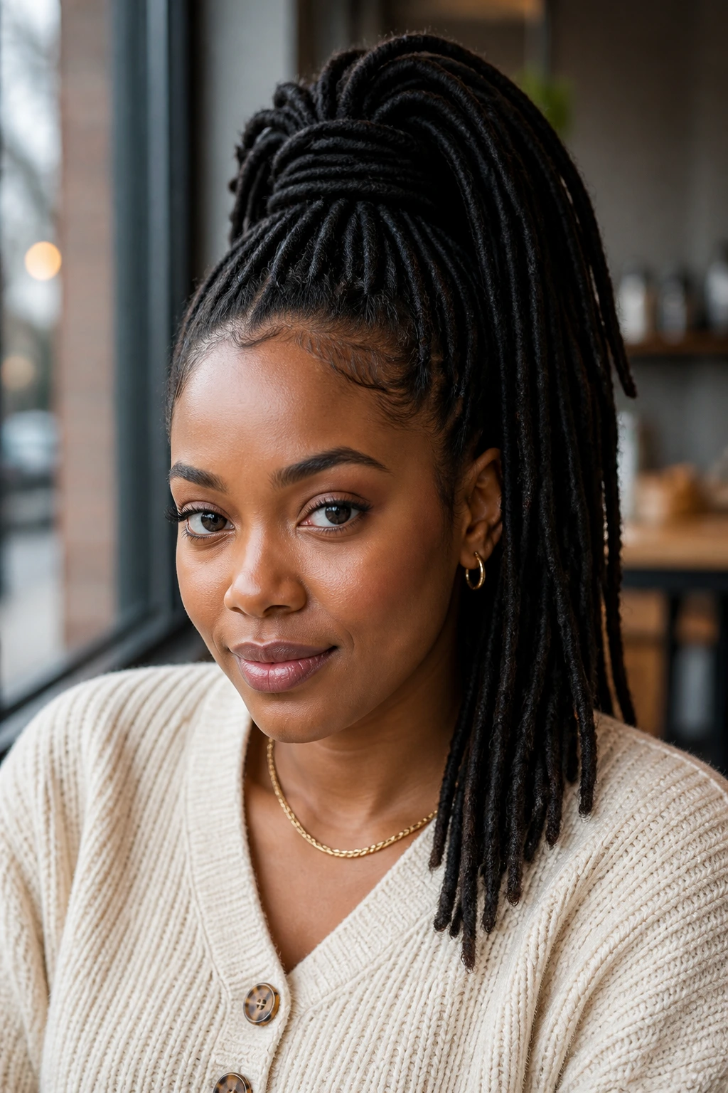 Close-up of a real woman with a high ponytail of faux locs wrapped at the base.