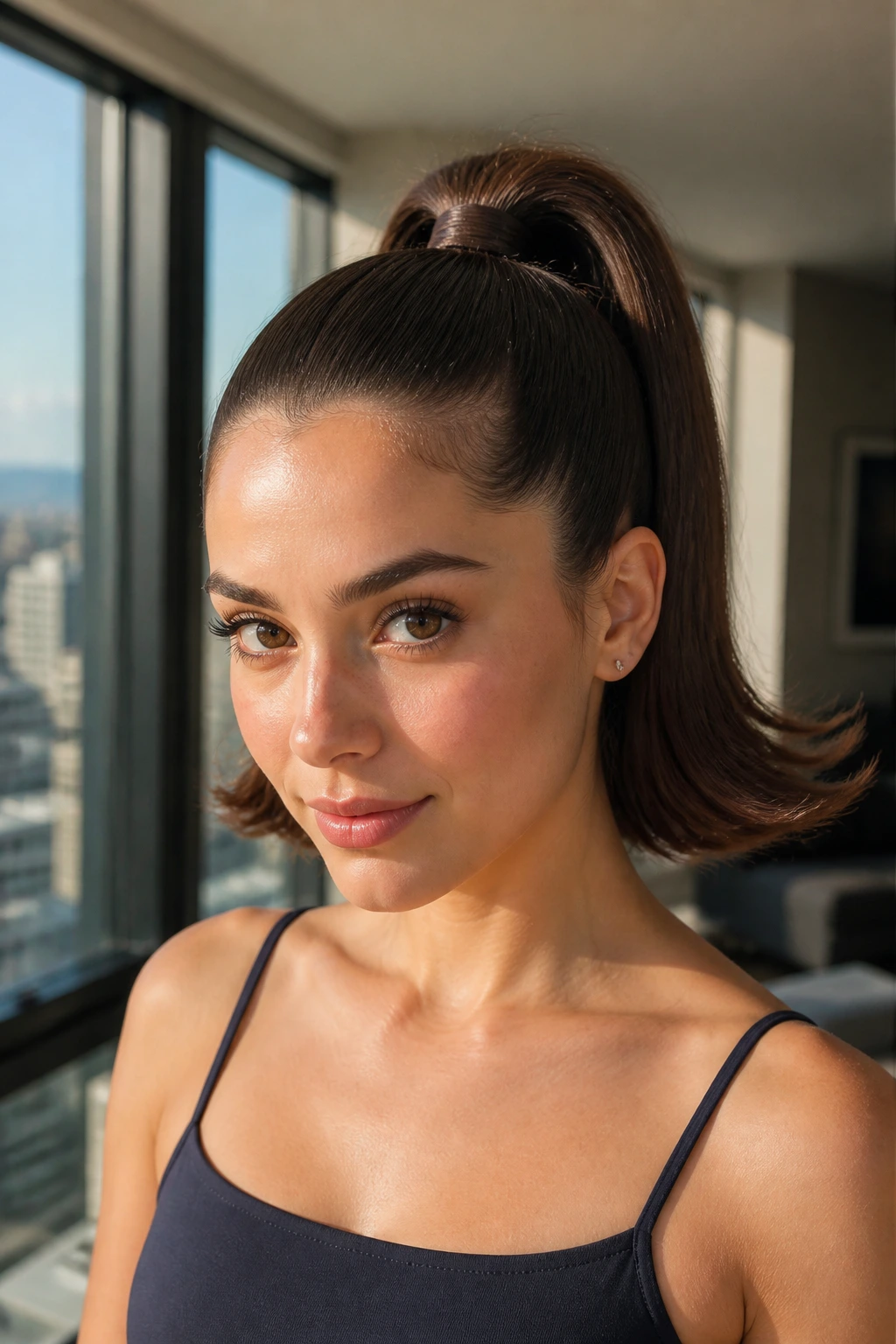 Close-up of a real woman's high ponytail with flipped ends in a sunlit room