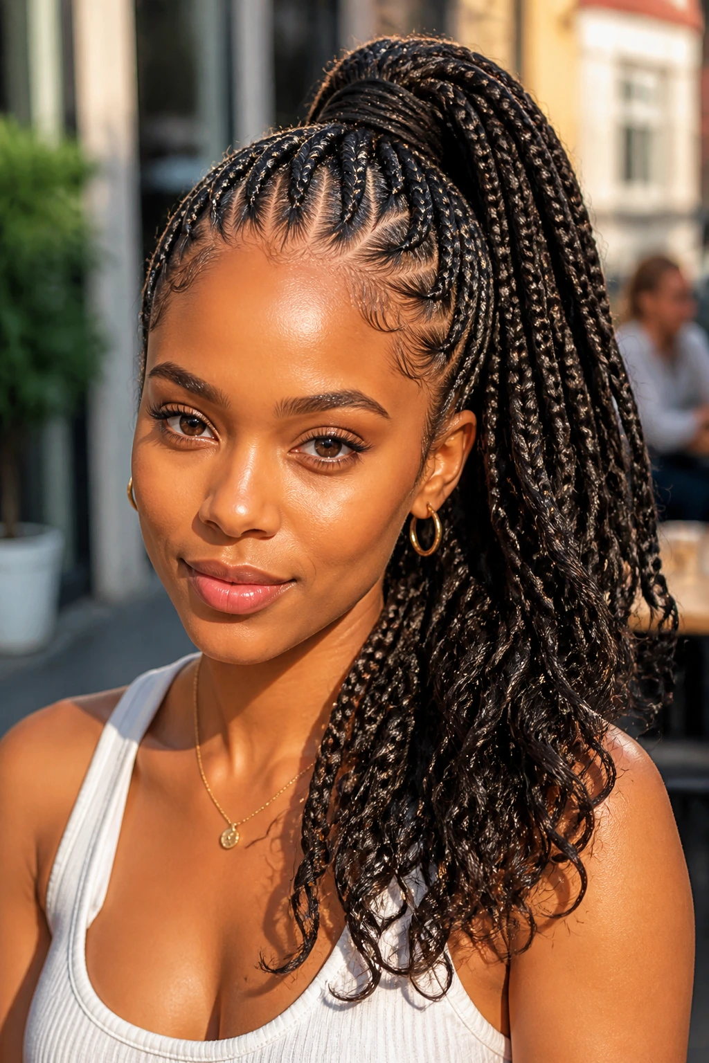 Close-up of a real woman with a high ponytail goddess braid hairstyle