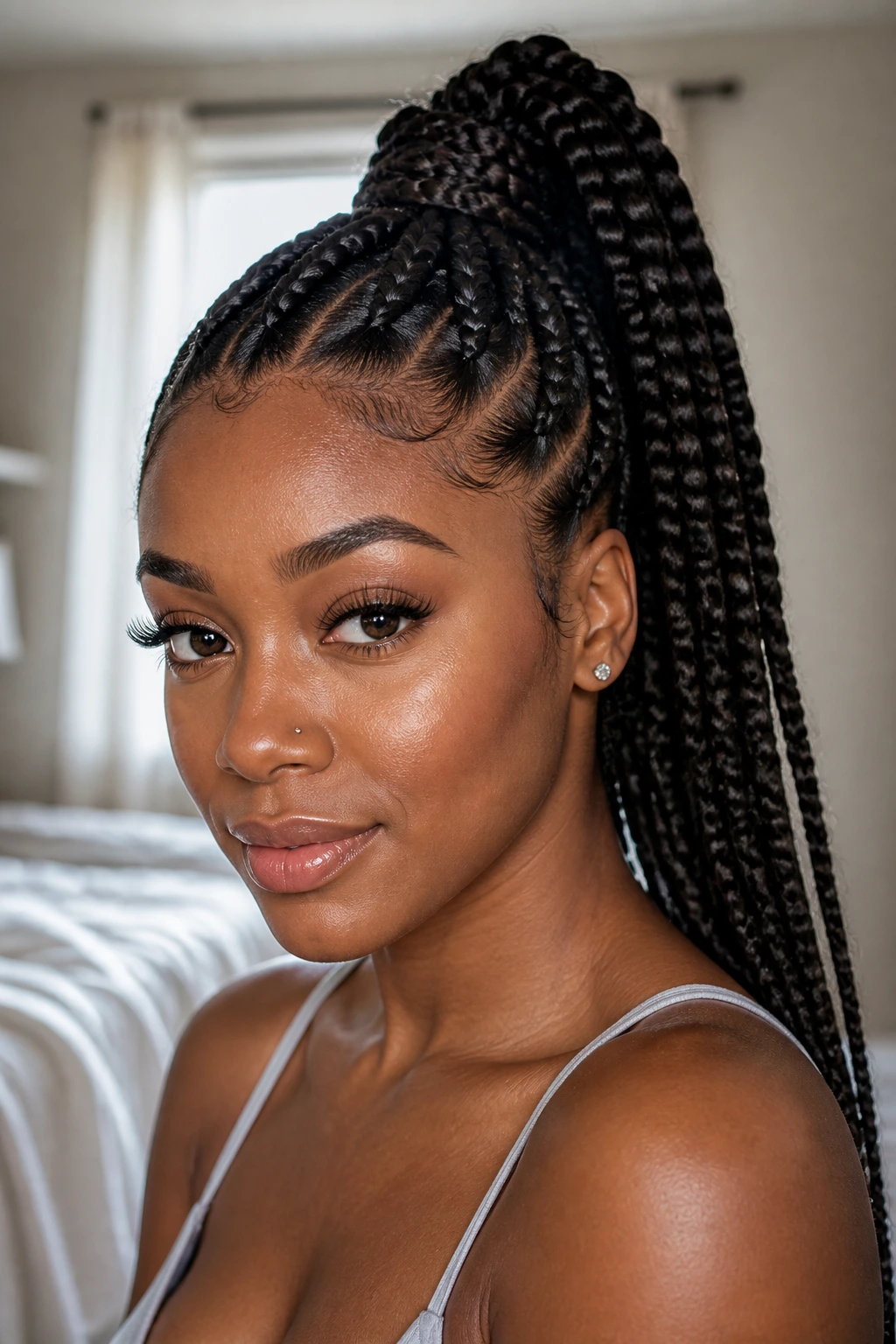 Close-up portrait of a woman with jumbo box braids in a high ponytail