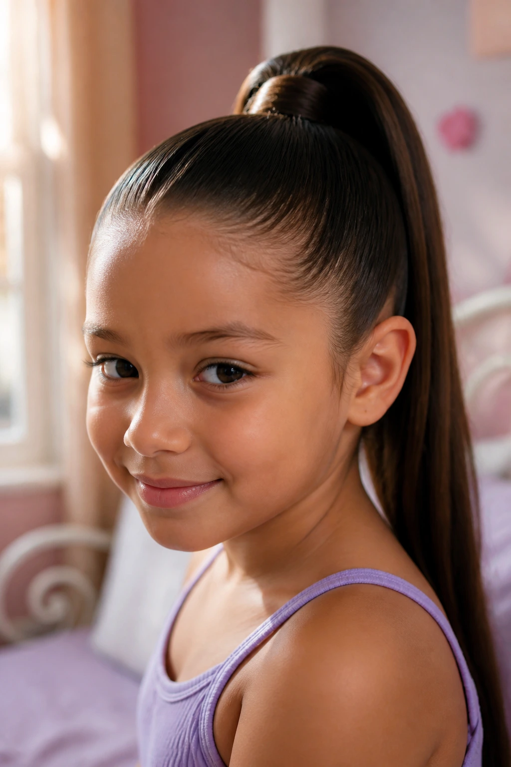 Close-up of a real girl with a sleek high ponytail under natural window light