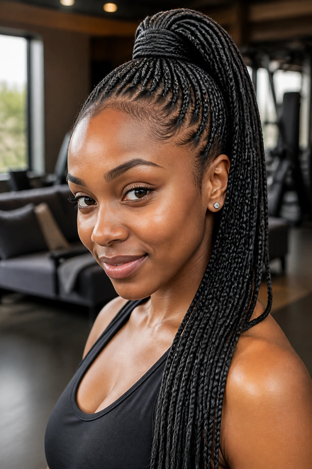 Close-up of a real person with a high ponytail knotless braids hairstyle in a gym lounge with natural light