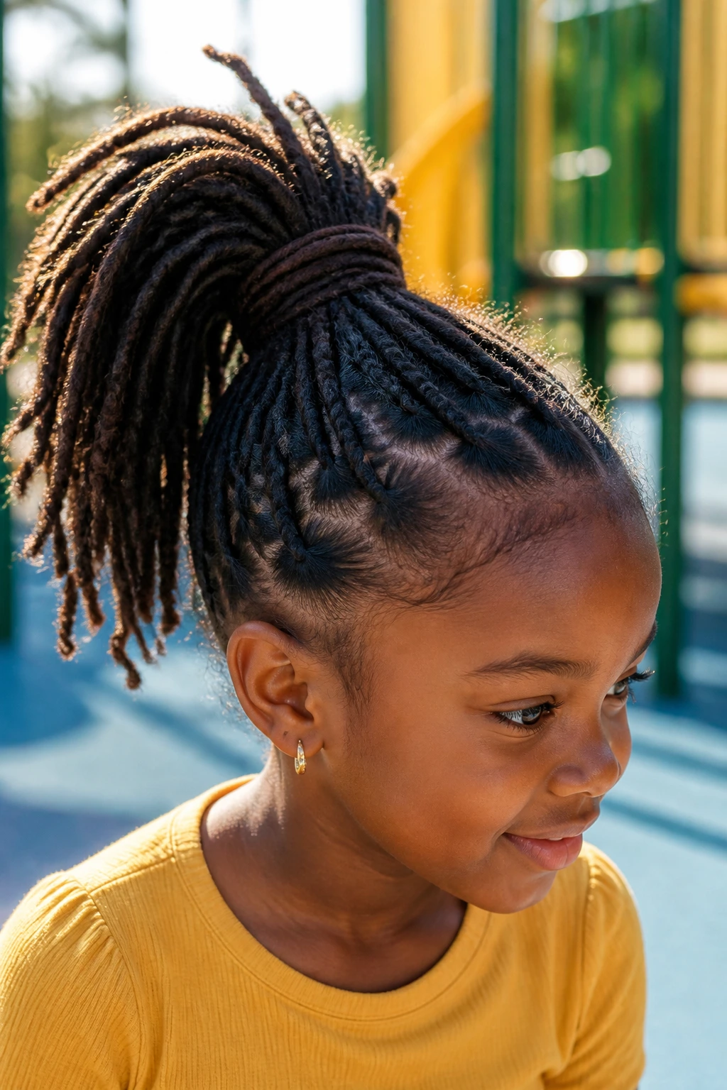 Child with high wrapped ponytail showing neat, wrapped hair at the crown.