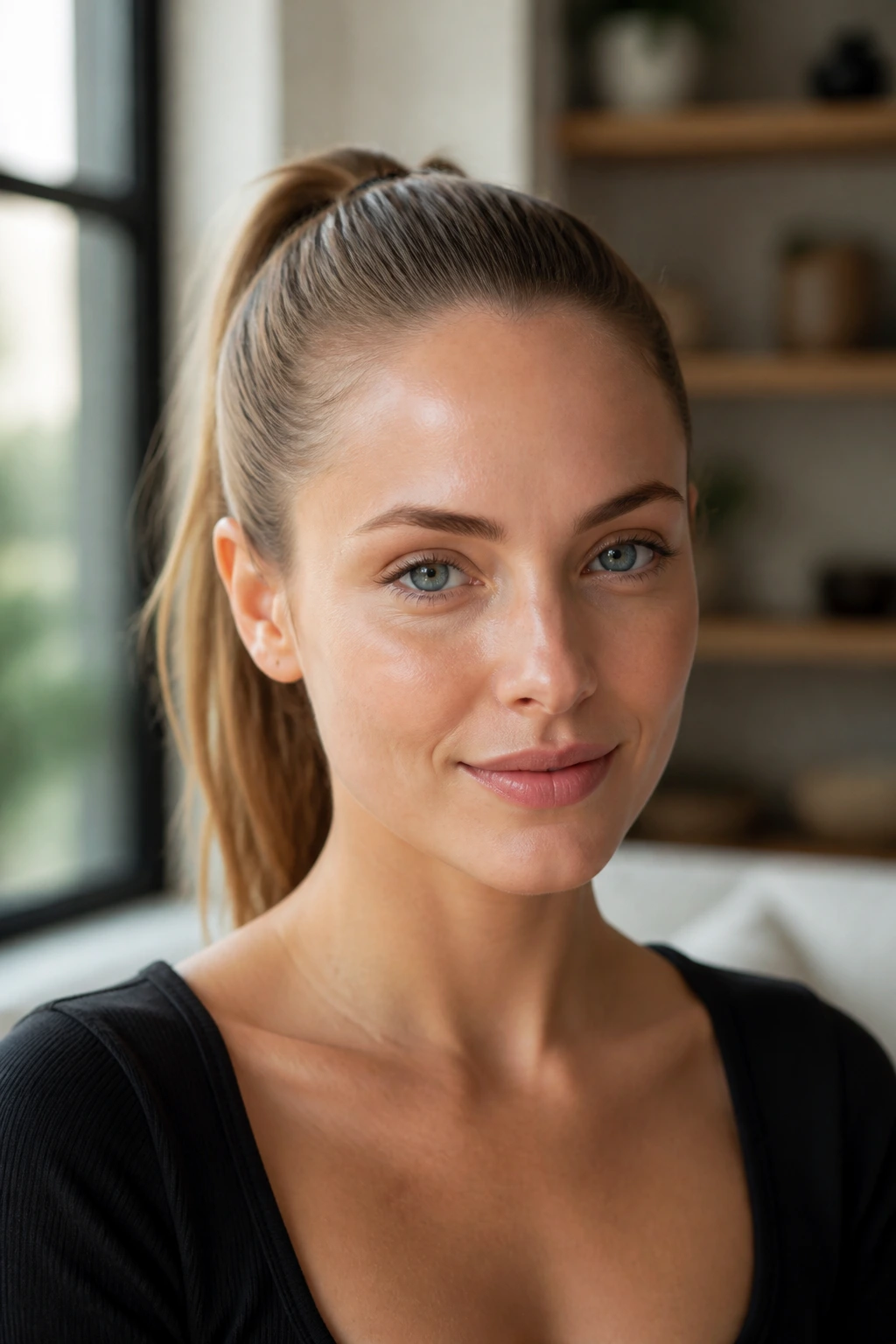 Close-up of a real woman with a pristine high ponytail and minimal makeup