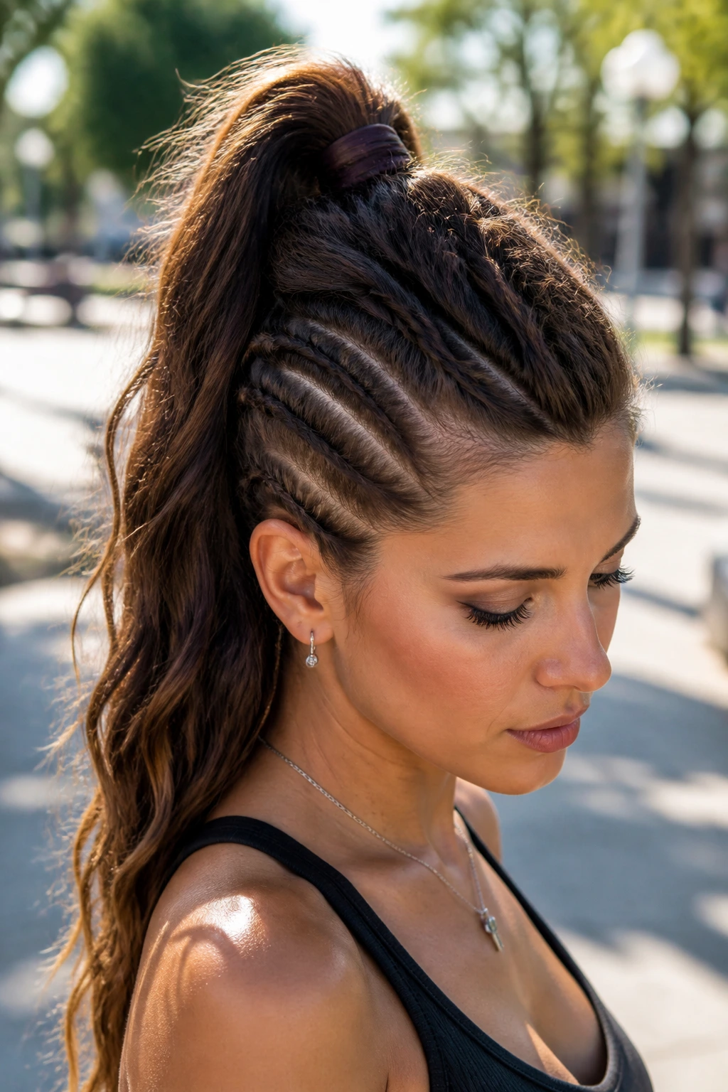 Portrait of a person with a high ponytail mohawk in a sunny park.