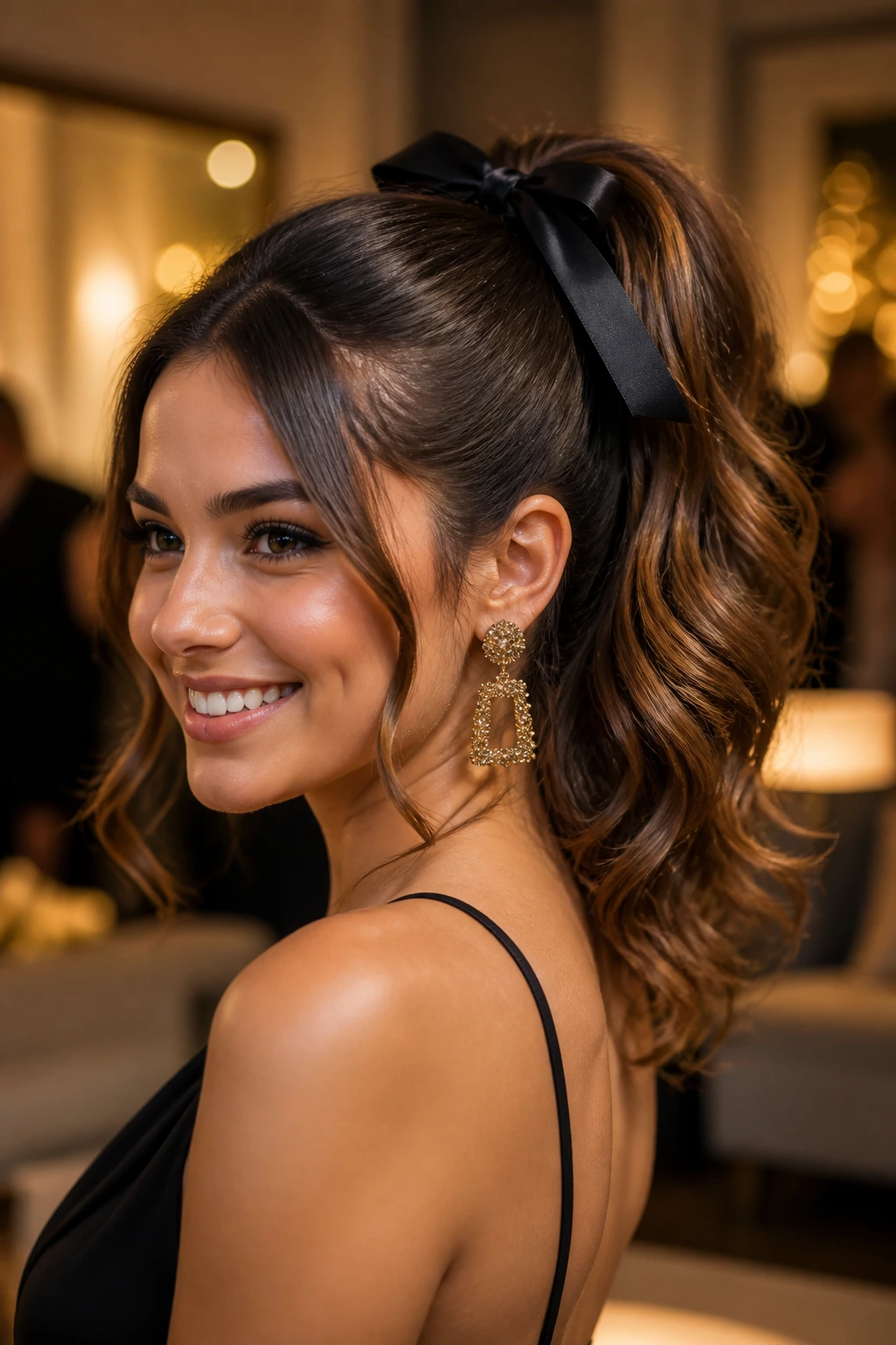 Close-up of a real woman with a party-ready high ponytail in warm indoor lighting