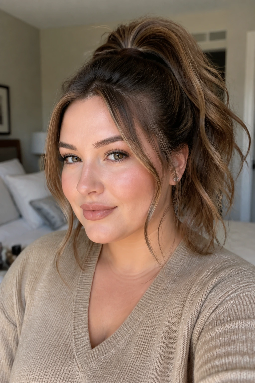 Portrait of a real woman with a high ponytail and loose waves in a sunlit bedroom