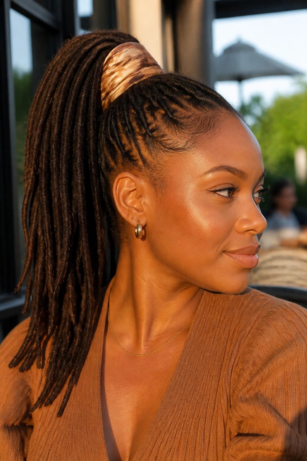 Close-up of a real person with a scarf-wrapped high ponytail outdoors at golden hour