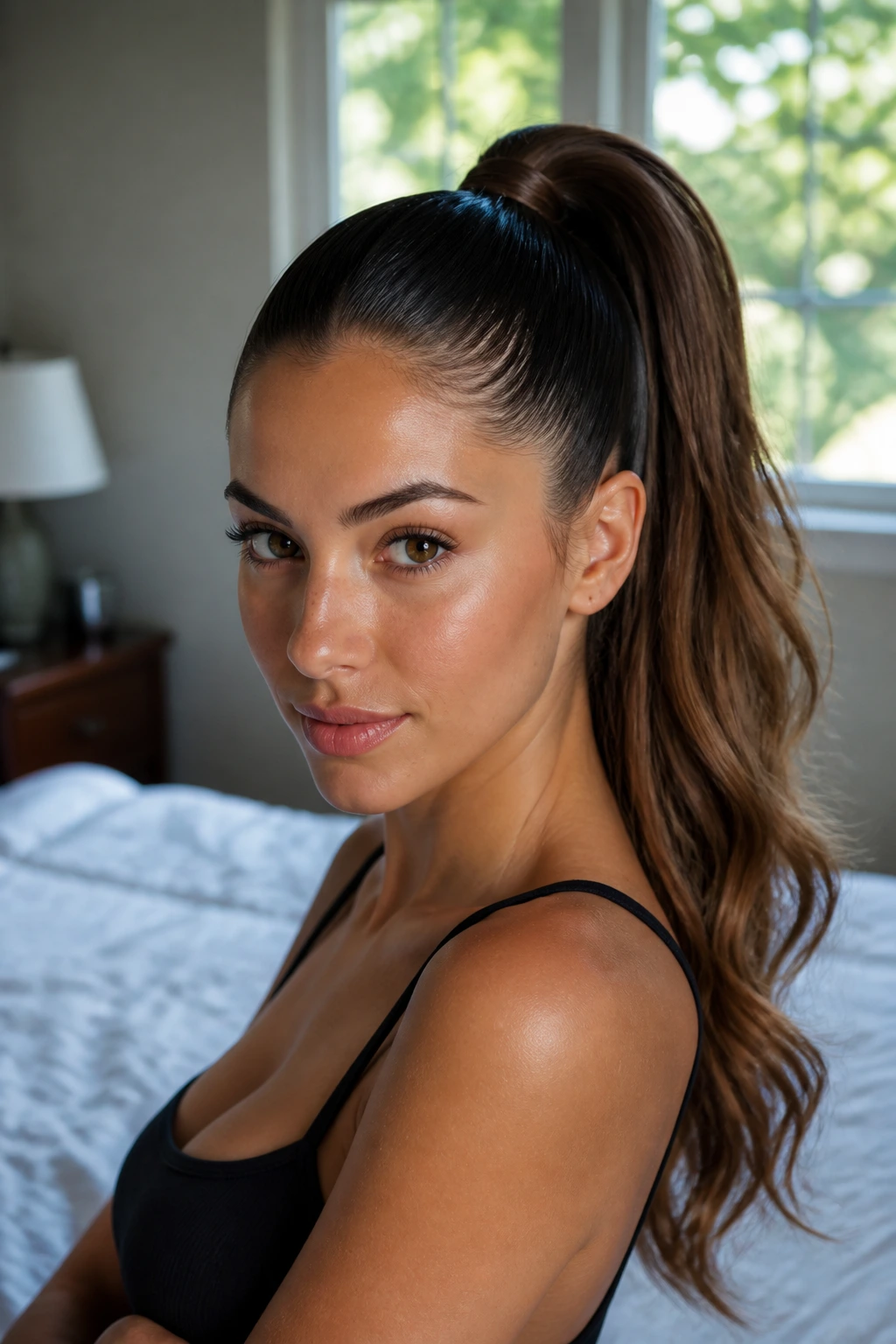 Close-up of a real woman with a straight-root, wavy-length high ponytail under natural window light
