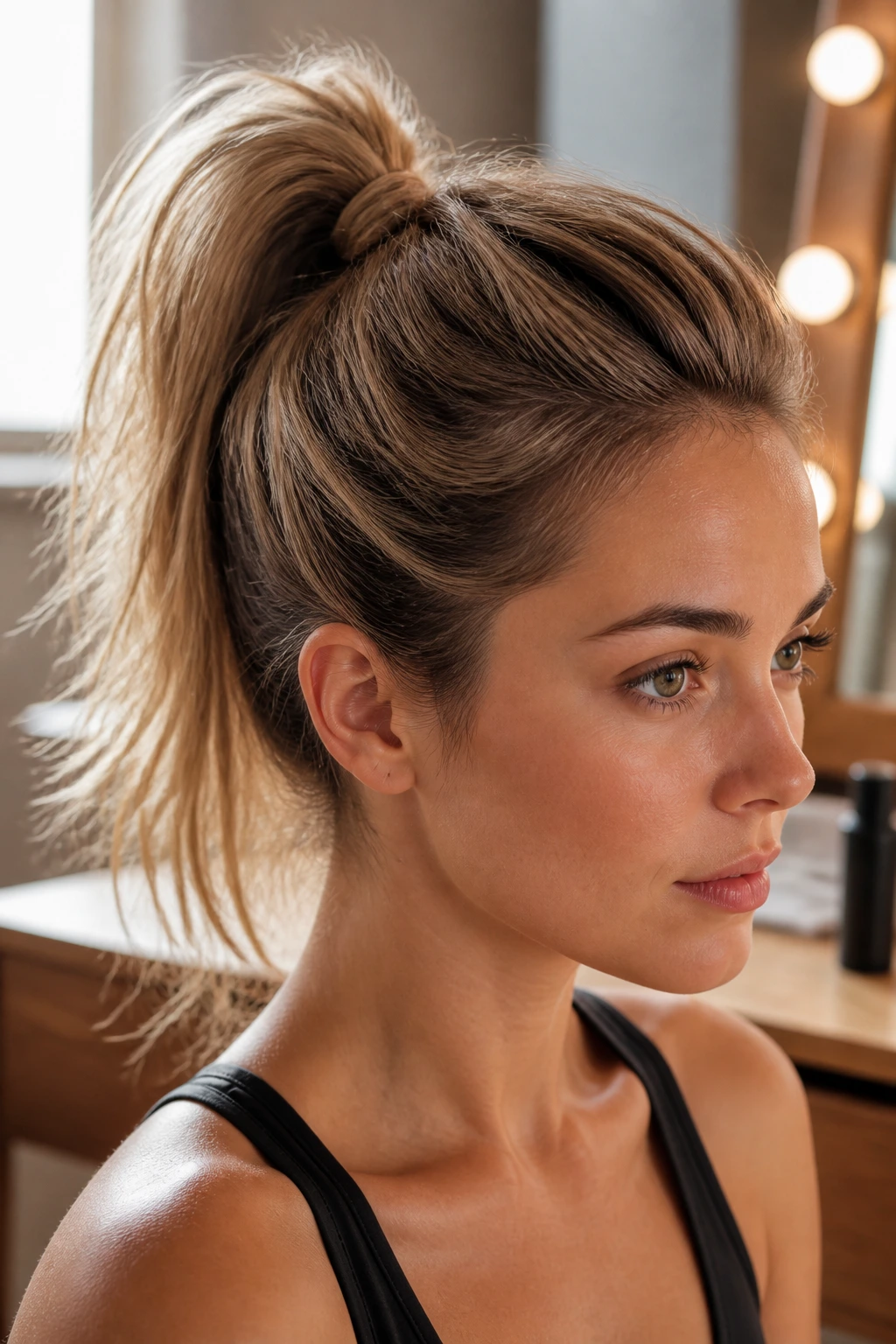 Close-up of a woman with a textured high ponytail in warm dressing-room lighting